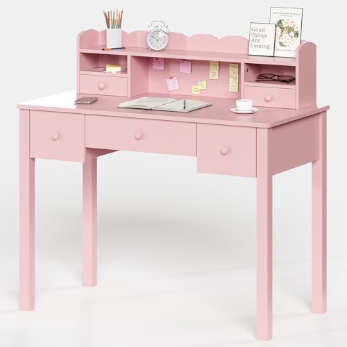 FUNKOCO Writing Desk with Hutch, 40" Small White Desk for Girls, 5 Drawers