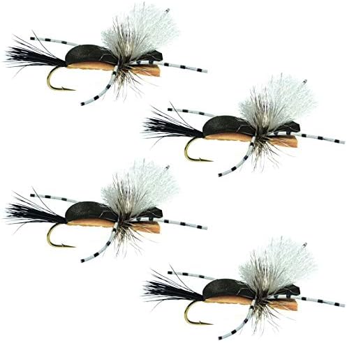 The Fly Fishing Place Hippie Stomper Black Tan Foam Body Trout Bass Dry Fly Fishing Flies - Set of 4 Hook Size 10