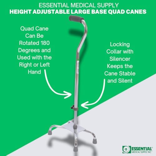 Essential Medical Supply Large Base Quad Cane in Silver - Height Adjustable Walking Cane