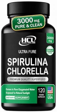 Chlorella Spirulina Powder Capsules 3000 mg of BMAA Free Purest Blue Green Algae - Best Natural Detox Raw Vegan Vitamins Protein Green Superfood
