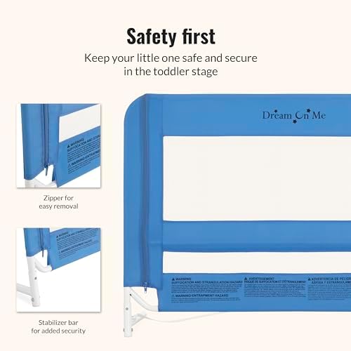 Dream On Me Mesh Security Bed Guard Rail for Toddlers 2–5 Years, Fits Twin–King Beds, Reinforced Anchor System, 2 Adjustable Heights, Blue