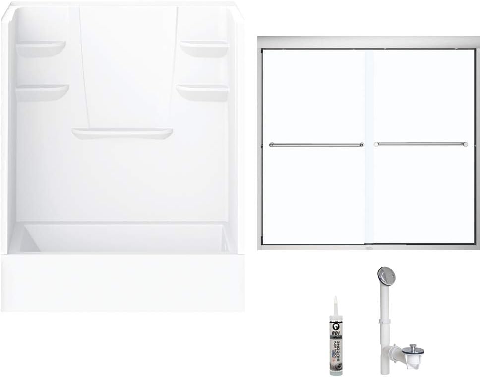 A2 6032CTSMINR-134561-WC Bath/Shower Kit with Door, 60-in L x 32-in W x 79-in H, White/Chrome