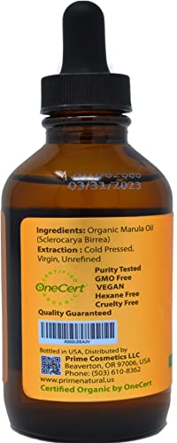 PRIME NATURAL Organic Marula Oil, Pure, Cold Pressed, USDA Certified - 4oz