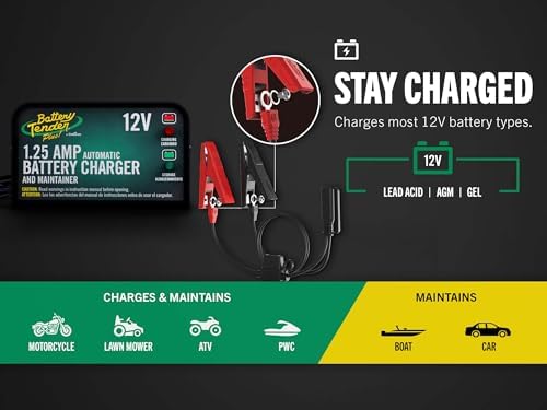 Battery Tender Plus 12V 1.25 AMP Car & Motorcycle Battery Charger and Maintainer, Float Charge for Automotive