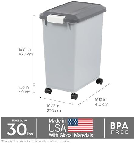 IRIS USA Dog Food Storage Container, Up to 30 lbs, Navy/Pearl, Made in USA | Wheels for Mobility, Airtight Seal, BPA-Free, Best for Bird Seed, Cat food, Cat Litter, Chicken Feed, Pellets
