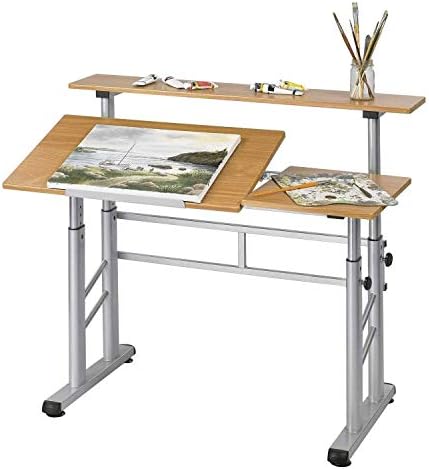 Safco Split-Level Drafting Table Height Adjustable Sit-to-Stand, 29.5" to 37.5", Medium Oak