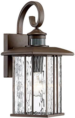 Deaver 15 1/4" Rubbed Bronze Motion Sensor Outdoor Wall Light Fixture | Modern Oil Clear Water Glass Lantern Dusk to Dawn Security Exterior House