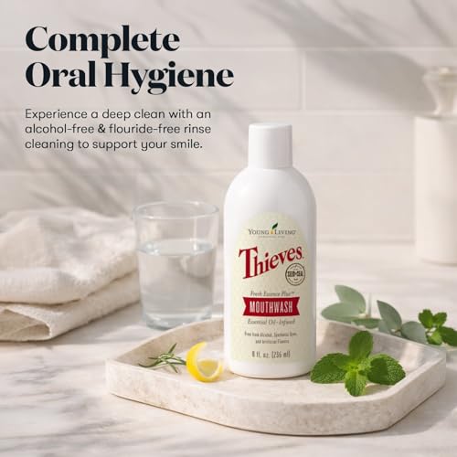 Young Living Thieves Fresh Essence Plus Mouthwash | 8 fl oz | Alcohol-Free and Fluoride-Free | Enhanced with Essential Oils | Peppermint, Rosemary
