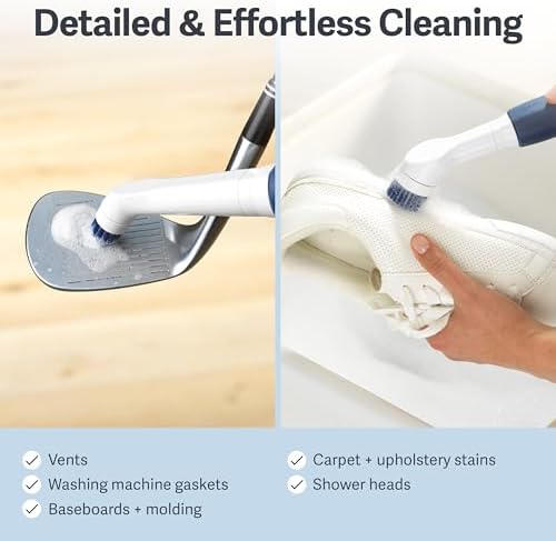 Casabella Power Spin Scrubber, Extendable to 47.5” – Cordless Electric Cleaner for Shower, Kitchen, Bathroom, Tile, Tub, Car, Deck - Rechargeable Spin Brush with Adjustable Brush Head & 4 Attachments