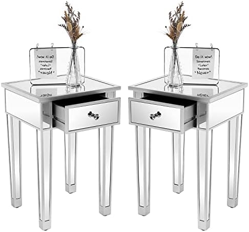 VINGLI Mirrored End Table with Drawer Silver Modern Nightstand/Bedside/Accent Table for Small Space, Living Room, Bedroom, 15.7" L x 15.7" W x 24" H