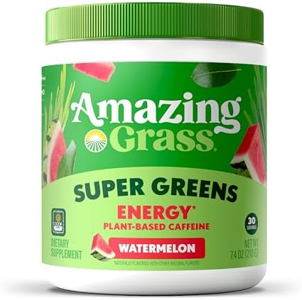 Amazing Grass Super Greens Powder Energy Lemon Lime, 30 Servings | Organic Energy Greens Powder with Plant-Based Caffeine, Yerba Mate & Green Tea Leaf for Sustained Energy & Focus