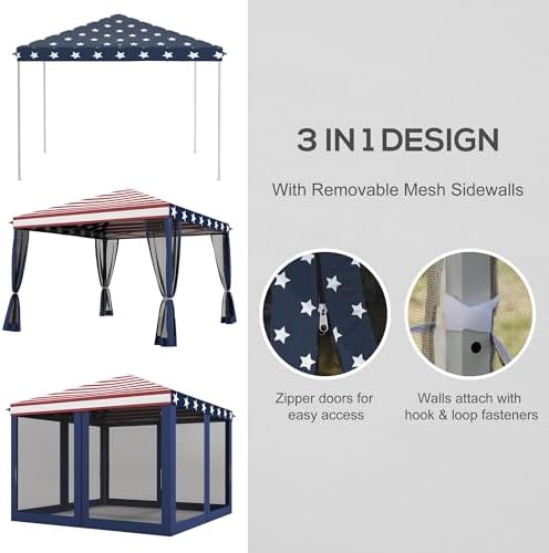 Outsunny 10' x 10' Pop Up Canopy Tent with Netting Carry Bag American Flag | Instant Gazebo, Screen House Room, Height Adjustable, Outdoor, Garden