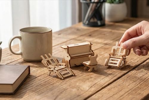Dollhouse Furniture Set, 34 Wooden Miniatures and Accessories, 1:24 | Laser-cut DIY 3D puzzles, living, dining, kitchen, bath and bedroom pieces