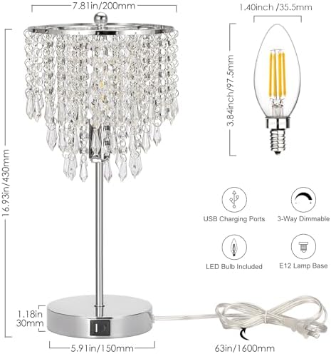 Touch Control Crystal Table Lamp with USB C+A Charging Ports, 3-Way Dimmable Bedside Touch Lamp Decorative Nightstand Lamp with Elegant Lampshade for Living Room Bedroom, B11 LED Bulb Included