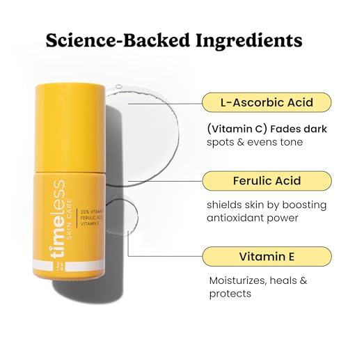 Timeless Skin Care Vitamin C Serum with Vitamin E & Ferulic Acid - Brightening Serum - for Oily & Dry Skin - Fragrance-Free - 1 oz | Vitamin C Serum for Even Skin Tone and Collagen Support, Antioxidant-Rich Advanced Skincare Formula, Lightweight