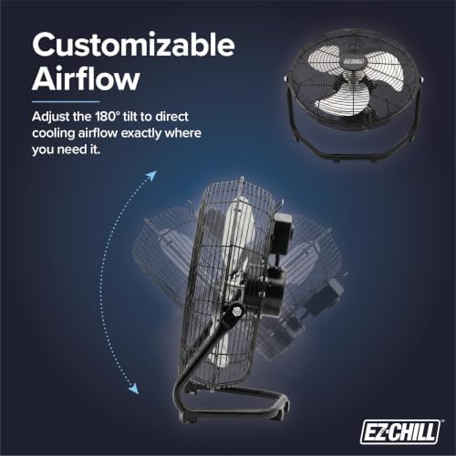 EZ-CHILL 12” Cradle Floor Fan, 3 Speed, High Velocity, 180 Degree Adjustable Tilt, All-Metal, Carry Handle, Rubber Feet, Airflow 15.42 ft/sec, Ideal for Home, Bedroom & Office, Black