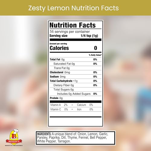 Bensons Zesty Lemon No Salt Seasoning - Sugar-Free, Gluten-Free, No MSG, No Preservatives, No Potassium Chloride - 11 Herb & Spice Salt Substitute Blend, 2 oz Shaker Bottle