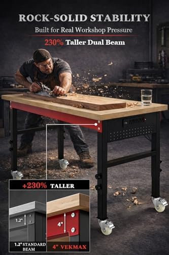 60" Heavy Duty Workbench, 2500 LBS Load Capacity Work Bench with 1.2" Laminated Oak Wood Top & Reinforced Steel Frame, Adjustable Height Work Table for Garage, Workshop, Office, Home (Casters)