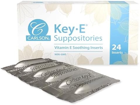 Carlson Key-E Suppositories, 30 IU (20 mg), Vitamin E Suppository, 24 Count | Lubricates Dry Areas; For Women and Men