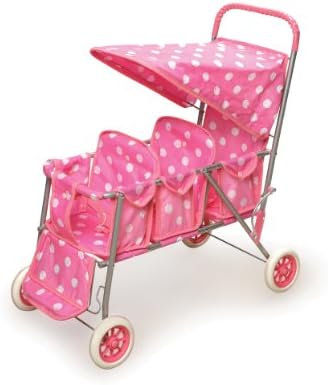 Badger Basket Triple Doll Stroller with Canopy, Foldable Toy Pram - Pink | Triple-seat stroller fits 14.5–18" dolls, foldable, canopy, seat belts