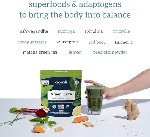 Organifi Green Juice - Powder Supplement with Organic Spirulina, Ashwagandha, and Chlorella - Helps Achieve Fitness Goals and Reduce Cortisol Levels, 30-Day Supply