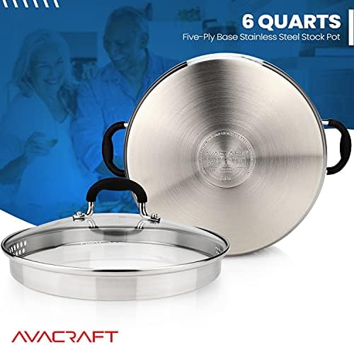 AVACRAFT 6 Quart Stainless Steel Stock Pot with Glass Strainer Lid | 5-Layer Capsule Base, Tempered Glass Strainer Lid, Drip-Free Pour Spouts, Induction Compatible, Dishwasher Safe