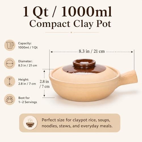 XICHENGSHIDAI Clay Pot for Cooking with Lid and Handle, 1 Qt / 1000ml Ceramic Claypot Rice Pot, Heat-Retaining Asian Casserole Stew Pot for Gas Stove