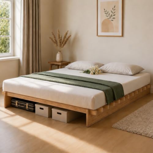 Brafab Tooless Queen Bed Frame, Wooden Japanese Joinery Platform Bed Frame | Wood Slat Support, Assembly in 10 Min, 8" Underbed Storage, No Box Spring Needed, Noise Free, Kid-Friendly Design, Natural