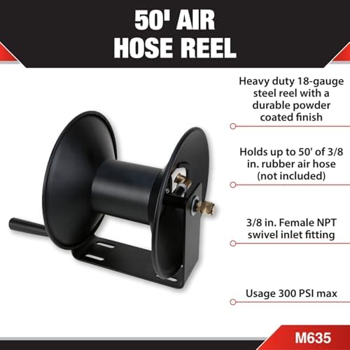 Performance Tool M635 50 ft. 18-Gauge Steel Air Hose Reel | Durable powder coated finish. Holds up to 50-ft of 3/8-in compressor hose (not included). 3/8-in female NPT swivel. Reel only