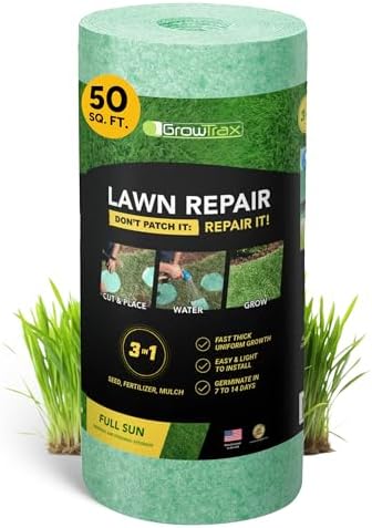 Growtrax Biodegradable Grass Seed Mat - 50 Sq Ft Bermuda Rye | Grass Seed and Fertilizer for Lawns, Dog Patches & Shade, Just Water and Grow