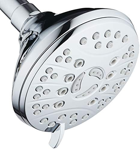 High Pressure 6-setting Luxury Rain Shower Head – Extra Large Face – Anti Clog Jets – Solid Brass Connection Ball Joint – Angle Adjustable