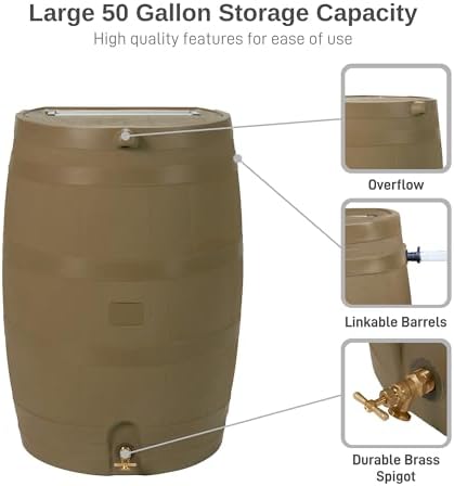 Flat Back Rainwater Gutter Barrel Water Collector Storage Drum Garden Pot- Tan