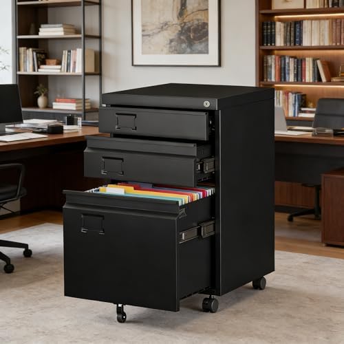 3 Drawer Metal File Cabinet with Lock and Wheels, Black | 17.32"D x 14.57"W x 23.82"H under-desk cabinet, fits Letter, Legal and A4 files, 5 casters