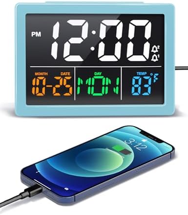 JALL Digital Clock with Date Day for Seniors, Electric Alarm Clocks for Bedrooms with Temperature, 2 Alarms, Dimmer, Dual USB Charger, Battery Backup