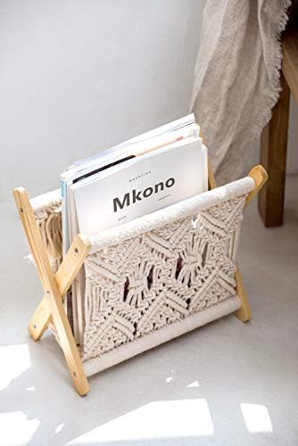 Mkono Macrame Magazine Holder, Boho Woven Book Rack Basket, 11.2"L x 7.5"W