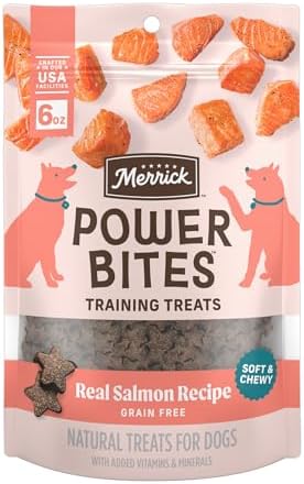 Merrick Power Bites Salmon Grain Free Dog Treats 6 oz Bag | Wholesome and flavorful dog treats made with salmon as the #1 ingredient, perfect for anytime snacking or training rewards
