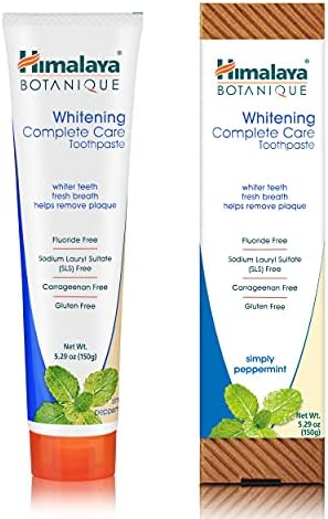 Himalaya Botanique Whitening Complete Care Toothpaste, Teeth Whitening, Fights Plaque, Fluoride Free, No Artificial Flavors, SLS Free, Cruelty Free, Foaming, Simply Mint Flavor, 5.29 Oz, 4 Pack