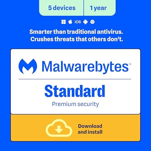 Malwarebytes Standard, Premium Security | 1 Year, 5 Device | Windows, Mac OS, Android, Apple iOS, Chrome [Online Code]