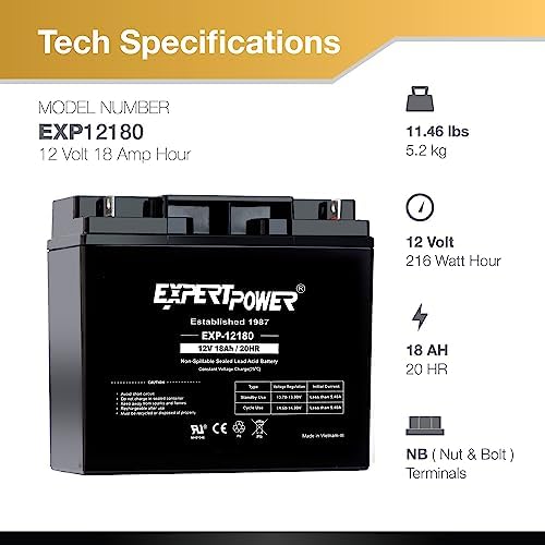 ExpertPower EXP12180-12V 18Ah / 20HR AGM Sealed Lead Acid 12V Battery for UPS Replacement, Rechargeable Small 12 Volt Batteries for Alarm Systems