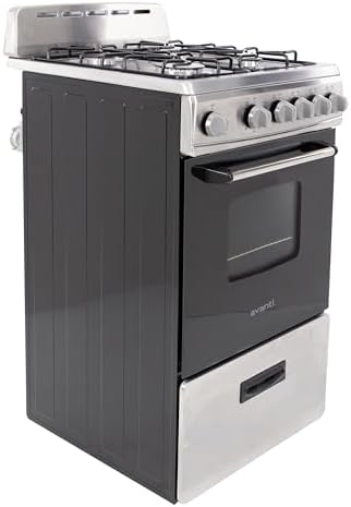 Avanti Compact Gas Range Oven, 4 Sealed Burners, 20-Inch, Stainless Steel | Avanti Compact Gas Range Oven, Freestanding with 4 Sealed Burners, Broiler with Pan, Storage Drawer, 20-Inch, Stainless Steel