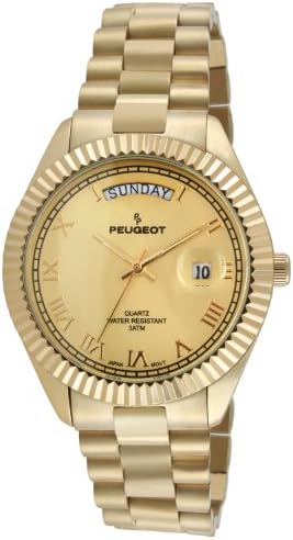 Peugeot Men's Stainless Steel Big Face Luxury Watch with Day Date Windows, Roman Numerals & Coin Edge Fluted Bezel Watch