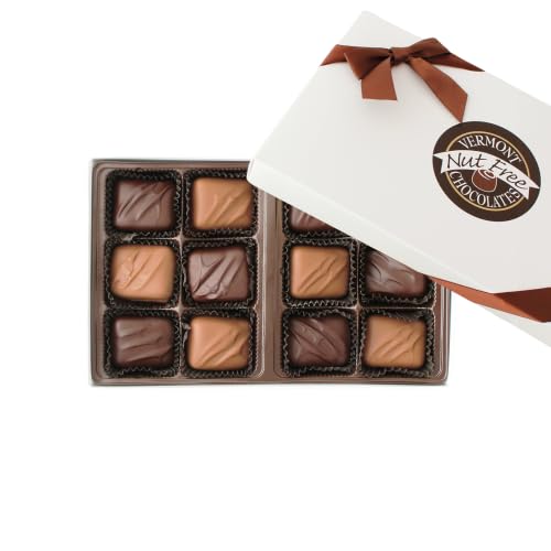 Vermont Nut Free Chocolates Boxed Chocolate Caramels (Assorted Chocolate) 12-Piece, Nut-Free, Egg-Free, Kosher