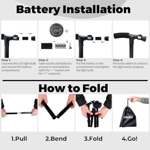 Walking Cane for Men Women: Ohuhu Walking Canes with LED Light Folding Walking Stick Adjustable Free Standing Canes with Wrist Strap Travel Bag for Seniors Adults