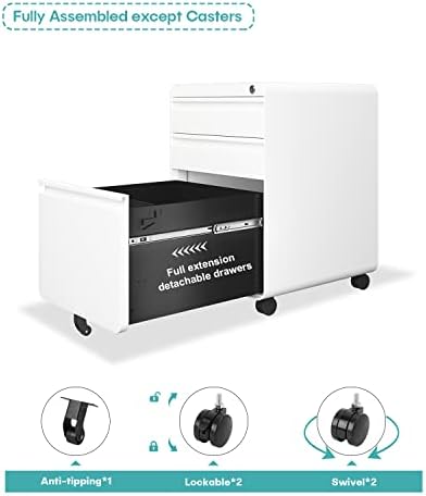 Dripex 3 Drawer Metal Rolling File Cabinet Under Desk Filing Cabinet White | 16"W x 18"D x 24"H, Lockable, 5 Wheels, Fully Assembled
