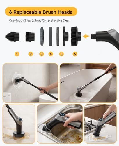 Electric Spin Scrubber for Bathroom, IPX7 Cordless Cleaning Brush with 6 Replaceable Brush Heads