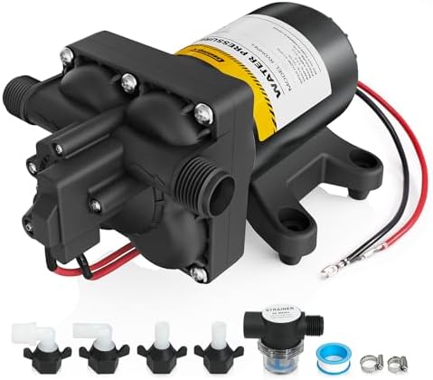12V RV Water Pump, 5.0 GPM 55 PSI Diaphragm Pump, 20Volt Quiet Fresh Water Pump with Pressure Switch, Self Priming Pressure Pumps for RV Camper Boat Marine Food Truck, Dark Grey
