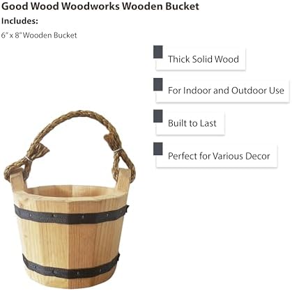 GOOD WOOD - Wooden Bucket 6" x 8" Water Wishing Well Pail with Rope Twine Handle Solid Wood Vintage Style Primitive Planter - Made in the USA