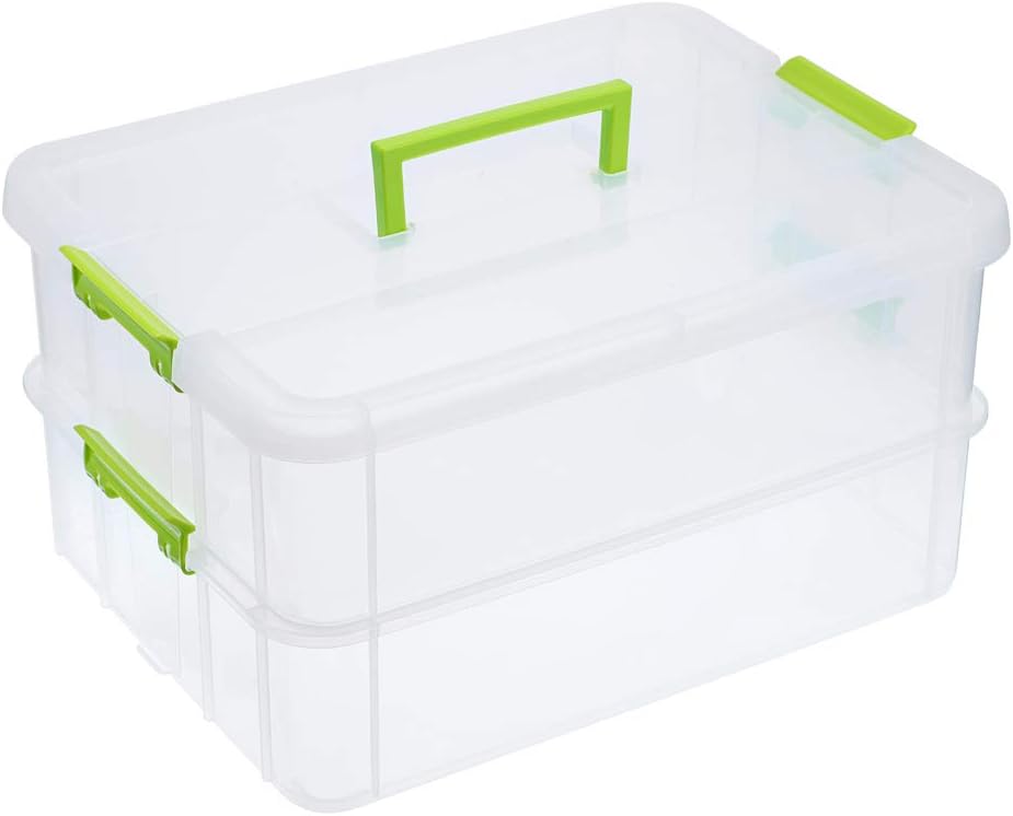 JUXYES 2-Tiers Plastic Stack Carry Storage Containers Box wih Handle Lids