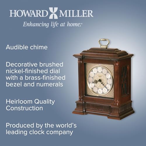 Howard Miller Akron II Mantel Clock – Windsor Finish, Dual-Chime Kieninger Movement, Arabic Numerals, Brushed Nickel Dial, Wooden Base