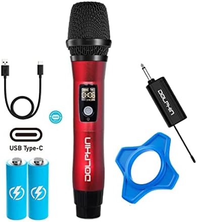 Dolphin MCX11 UHF Wireless Microphone, Rechargeable Karaoke Mic, Red | 50-Channel Anti-Interference, DSP Audio, USB-C Charging, All-Metal Design
